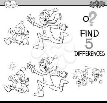 Black and White Cartoon Illustration of Finding Differences Educational Activity Task for Preschool Children with Winter Fun for Coloring Book