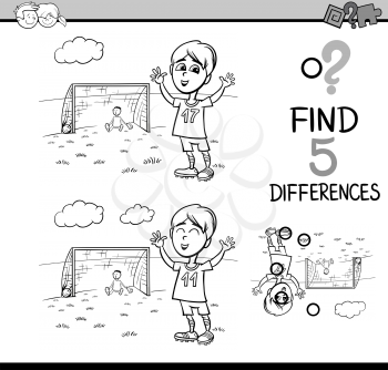 Black and White Cartoon Illustration of Finding Differences Educational Activity Task for Preschool Children with Boy Playing Soccer for Coloring Book