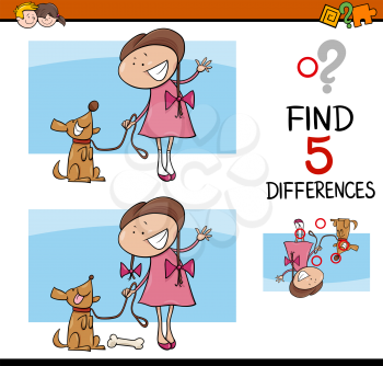 Cartoon Illustration of Finding Differences Educational Activity Task for Preschool Children with Girl and her Dog