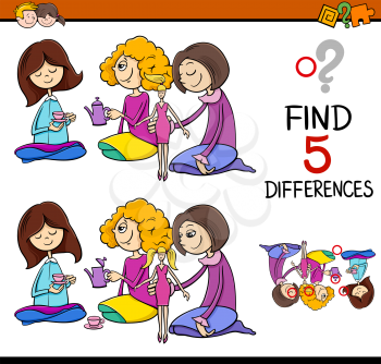 Cartoon Illustration of Finding Differences Educational Activity for Preschool Children with Girls Playing House
