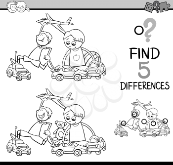 Black and White Cartoon Illustration of Finding Differences Educational Activity for Preschool Children with Boys Playing Cars and Plane for Coloring Book