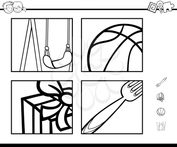 Black and White Cartoon Illustration of Educational Activity Task for Preschool Children with Objects for Coloring Book