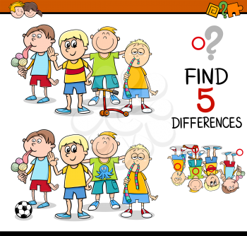 Cartoon Illustration of Finding Differences Educational Activity for Preschool Children with Little Boys Group
