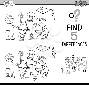 Black and White Cartoon Illustration of Finding Differences Educational Activity for Preschool Children with Boys Group and Plane for Coloring Book