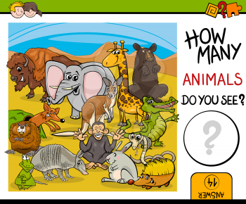Cartoon Illustration of Educational Counting Activity for Preschool Children with Wildlife Animal Characters