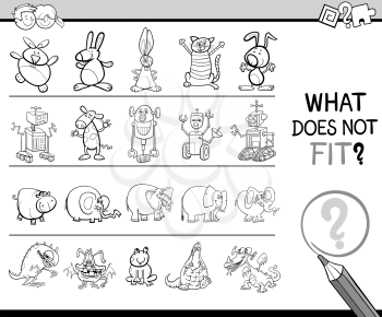 Black and White Cartoon Illustration of Finding Improper Item in the Row Educational Activity for Preschool Children for Children Coloring Book