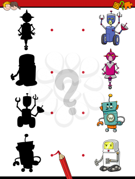 Cartoon Illustration of Find the Shadow Educational Task for Preschool Children with Robots