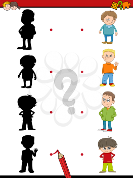 Cartoon Illustration of Find the Shadow Educational Activity Game for Preschool Children with Kid Boys