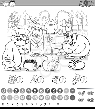 Black and White Cartoon Illustration of Education Mathematical Game of Animals Counting for Preschool Children