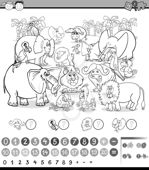 Black and White Cartoon Illustration of Education Mathematical Game of Counting Safari Animals for Preschool Children