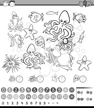 Black and White Cartoon Illustration of Education Mathematical Game for Preschool Children with Sea Life Animals