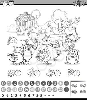 Black and White Cartoon Illustration of Education Mathematical Game for Preschool Children with Farm Animals