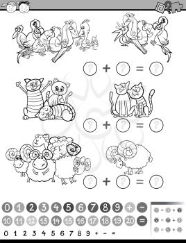 Black and White Cartoon Illustration of Education Mathematical Game of Counting Animals for Preschool Children