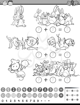 Black and White Cartoon Illustration of Education Mathematical Game for Preschool Children with Animals