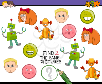 Cartoon Illustration of Find Identical Pictures Educational Activity Task for Preschool Children