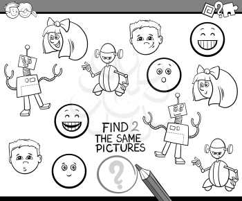 Black and White Cartoon Illustration of Find Identical Pictures Educational Activity Task for Preschool Children Coloring Book
