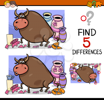 Cartoon Illustration of Finding Differences Educational Activity Task for Preschool Children with Bull in a China Shop Saying