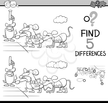 Black and White Cartoon Illustration of Finding Differences Educational Activity Task for Preschool Children with Rat Race Saying for Coloring Book