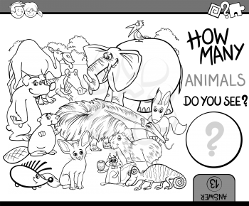 Black and White Cartoon Illustration of Educational Counting Math Activity for Preschool Children with Wildlife Animal Characters Coloring Book