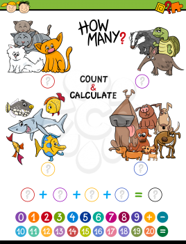 Cartoon Illustration of Educational Mathematical Count and Calculate Activity for Preschool Children
