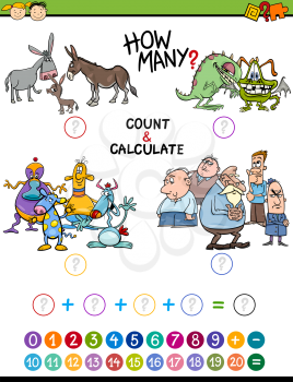 Cartoon Illustration of Educational Mathematical Count and Addition Activity Game for Preschool Children