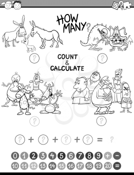 Black and White Cartoon Illustration of Educational Mathematical Count and Calculate Activity Task for Preschool Children Coloring Book