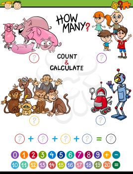 Cartoon Illustration of Educational Mathematical Count and Calculate Activity Game for Preschool Children