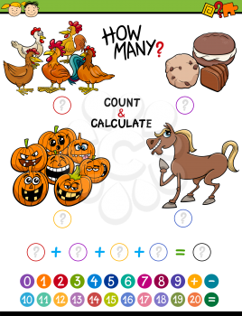 Cartoon Illustration of Educational Mathematical Count and Addition Activity Task for Preschool Children