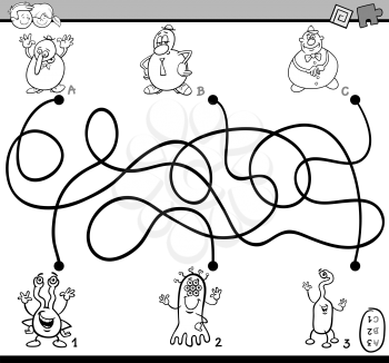 Black and White Cartoon Illustration of Educational Paths or Maze Puzzle Activity Task for Preschool Children with Fantasy Characters Coloring Book