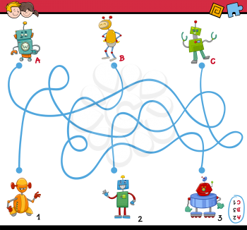 Cartoon Illustration of Educational Paths or Maze Puzzle Activity Task for Preschool Children with Robot Characters