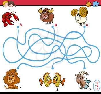 Cartoon Illustration of Educational Paths or Maze Puzzle Activity Task for Preschool Children