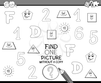 Black and White Cartoon Illustration of Educational Activity of Single Picture Search for Preschool Children for Coloring Book
