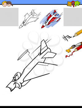 Cartoon Illustration of Drawing and Coloring Educational Activity Task for Preschool Children with Jet Plane Character