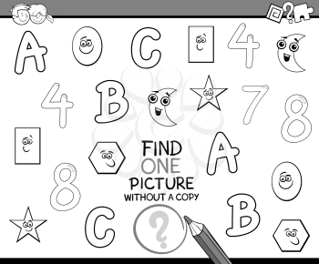 Black and White Cartoon Illustration of Educational Activity of Single Picture Search for Preschool Children for Coloring Book