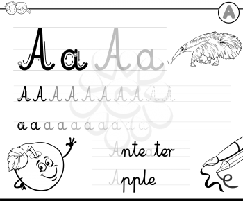 Black and White Cartoon Illustration of Writing Skills Practise with Letter A Worksheet for Children Coloring Book