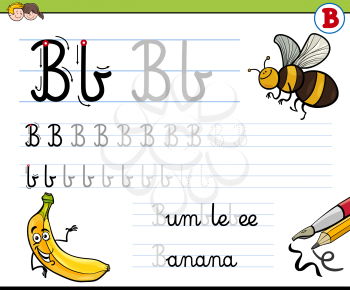 Cartoon Illustration of Writing Skills Practise with Letter B Worksheet for Children