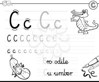 Black and White Cartoon Illustration of Writing Skills Practise with Letter C Worksheet for Children Coloring Book