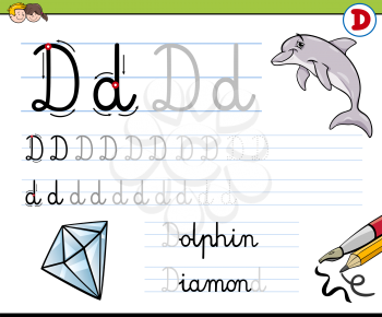 Cartoon Illustration of Writing Skills Practise with Letter D Worksheet for Children