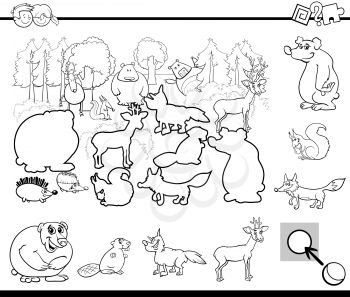 Black and White Cartoon Illustration of Educational Activity for Preschool Children with Wild Animal Characters for Coloring Book