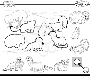 Black and White Cartoon Illustration of Educational Activity for Preschool Children with Wild Animal Characters for Coloring Book