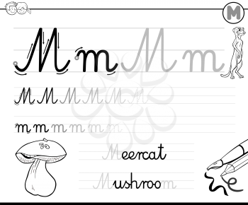 Black and White Cartoon Illustration of Writing Skills Practice with Letter M Worksheet for Children Coloring Book