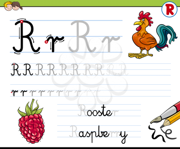 Cartoon Illustration of Writing Skills Practice with Letter R Worksheet for Children