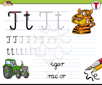Cartoon Illustration of Writing Skills Practice with Letter T Worksheet for Children