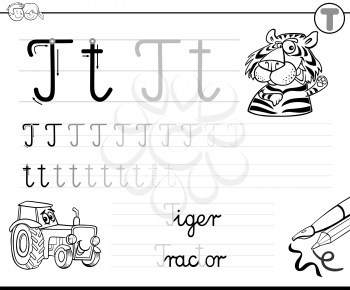 Black and White Cartoon Illustration of Writing Skills Practice with Letter T Worksheet for Children Coloring Book