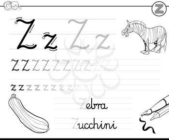 Black and White Cartoon Illustration of Writing Skills Practice with Letter Z Worksheet for Children Coloring Book