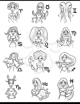 Cartoon Illustration of Black and White Horoscope Zodiac Signs with Beautiful Women