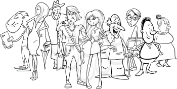 Black and White Cartoon Illustration of Different People Characters Group