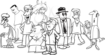 Black and White Cartoon Humorous Illustration of People Characters Group