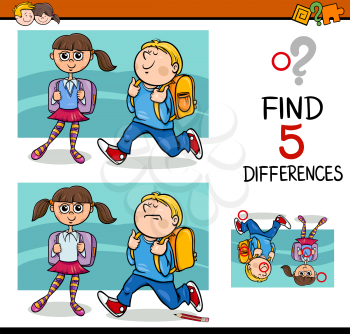 Cartoon Illustration of Finding Differences Educational Activity with School Children