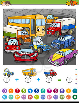 Cartoon Illustration of Educational Mathematical Counting and Addition Activity Task for Children with Cars